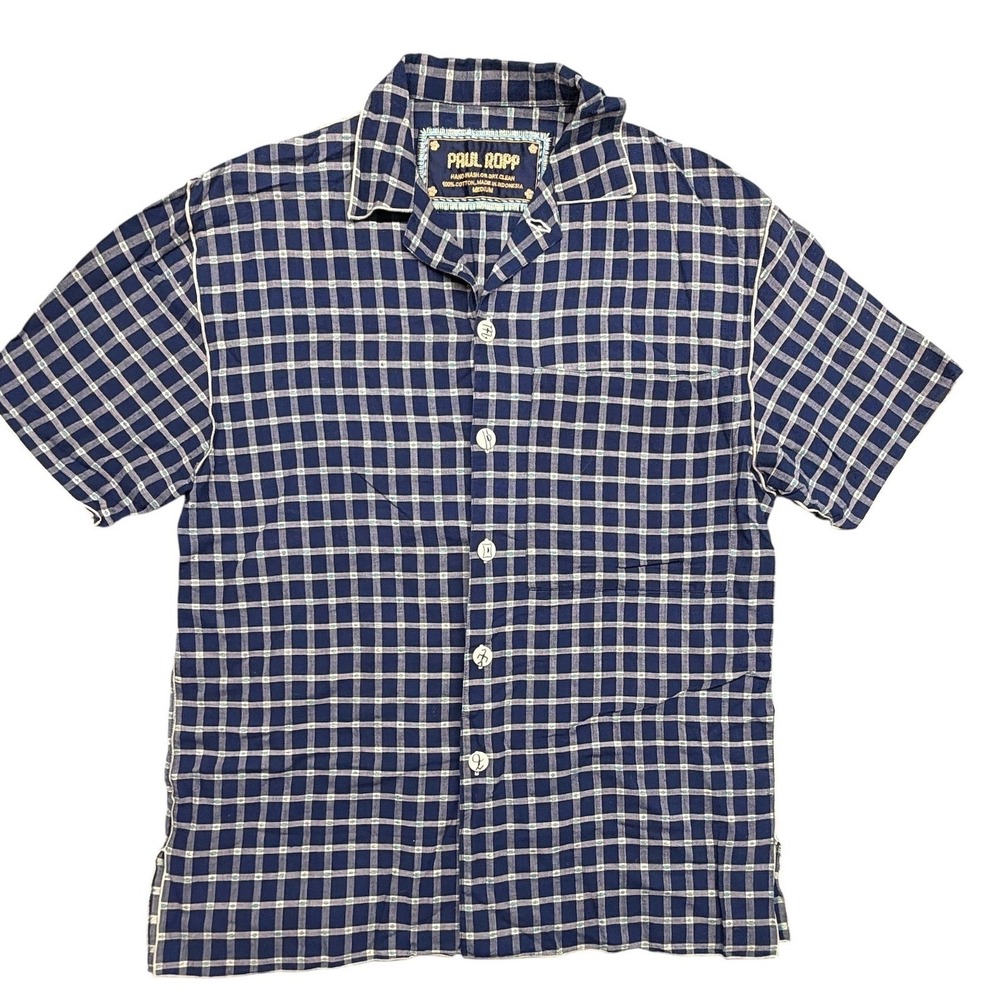 Vintage Paul Ropp Mens Plaid Short Sleeve Button Up Shirt Size Medium Blue White